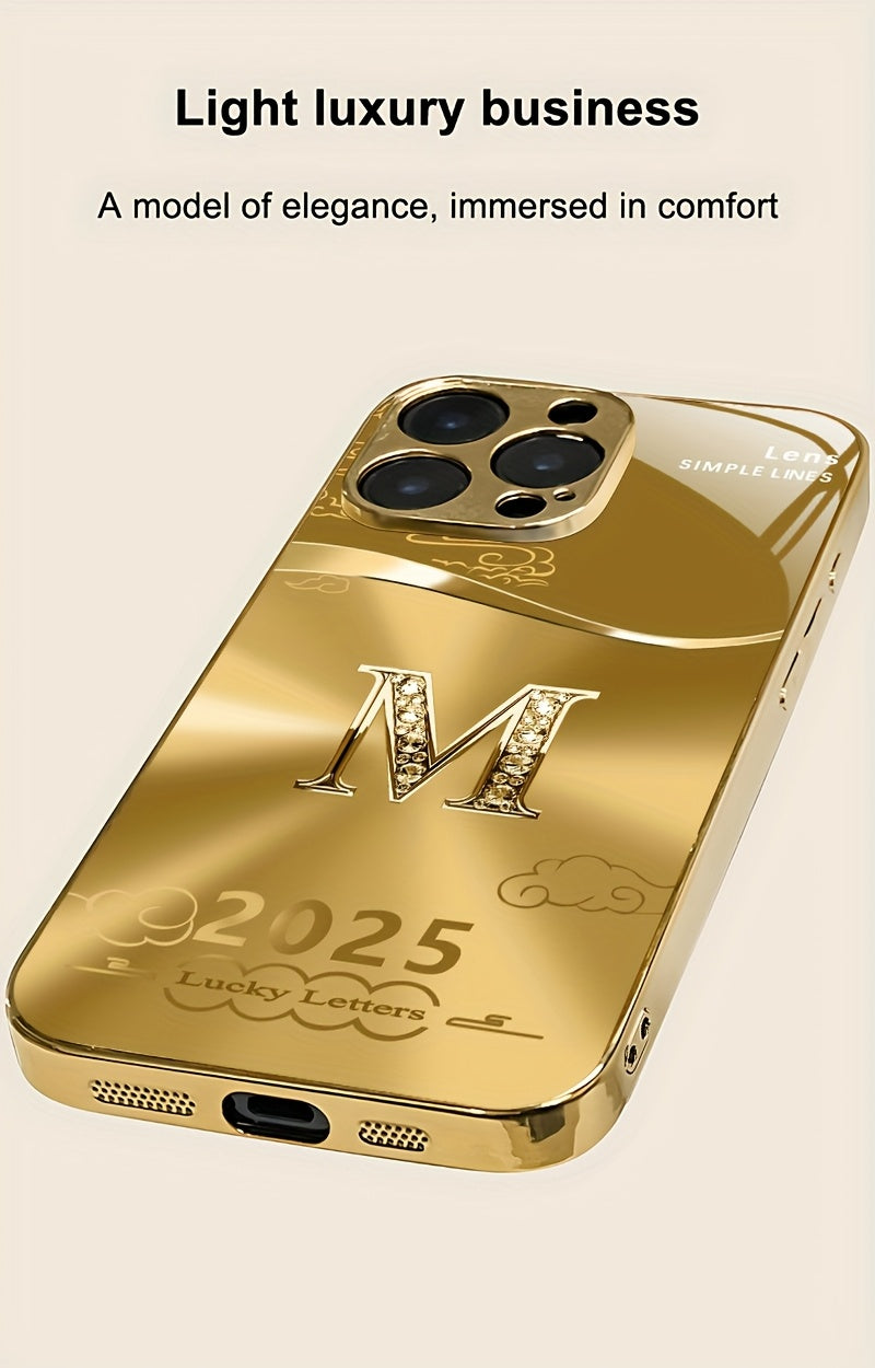 Light Luxury Fashion Auspicious Cloud Letter M Pattern Golden Plated Phone Case, Suitable for iPhone 16/16 Pro/16 Plus/16 Pro Max/15/15 Pro/15 Pro Max/14/14 Pro/14 Plus/14 Pro Max/13/13 Pro/13 Pro Max/13 Mini/12/11, Full Cove