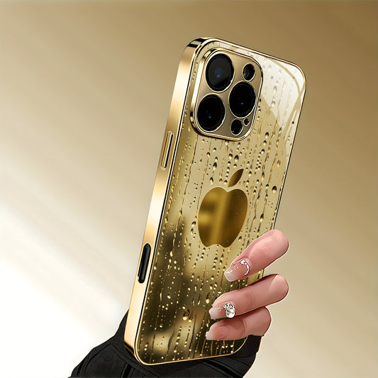 A Golden-Plated Phone Case with an Apple Pattern, Compatible with for iphone 16/16 Pro/16 Plus/16 Pro Max/15/15 Pro/15 Pro Max/14/14 Pro/14 Plus/14 Pro Max/13/13 Pro/13 Pro Max/13 Mini/12/11. It Features a Full-Cover Tempered