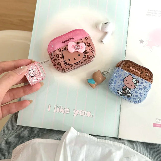Earphone Case For Airpods 4 2 3 1 Pro 2 Cute Sanrio Hello Kitty Leopard Print Wireless Bluetooth Headset Protective Soft Cover