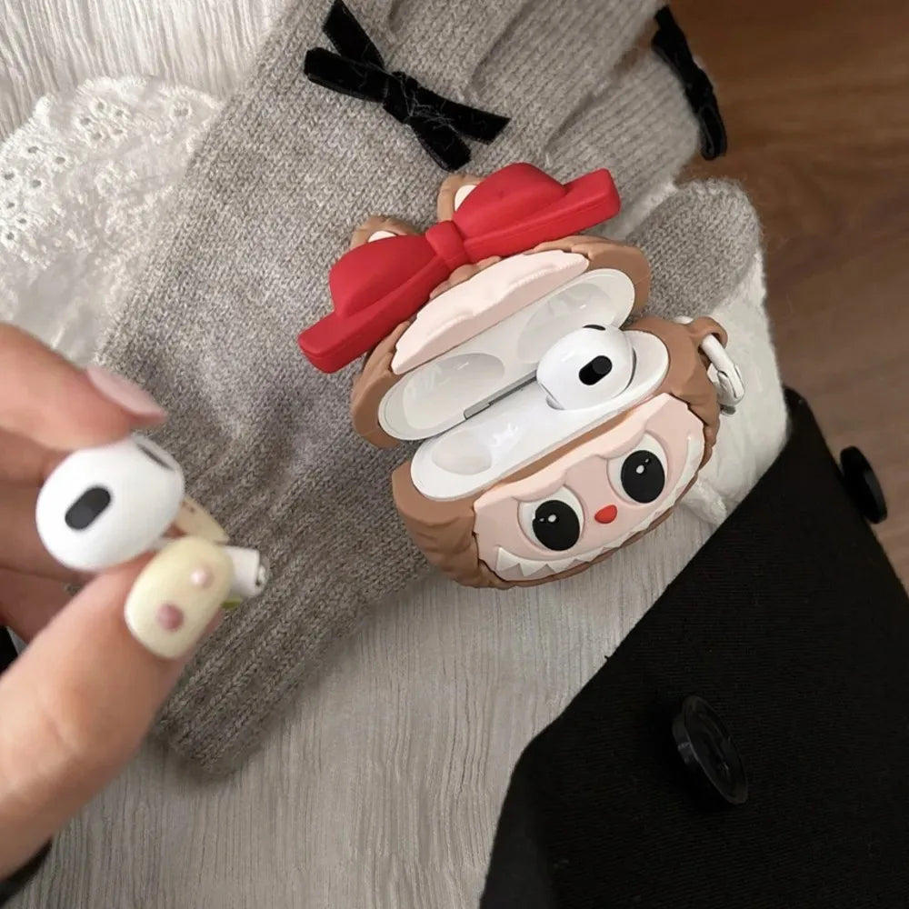 For AirPods 4 3 2 1 Pro Pro2 Earphone Case 3D Monster Rabbit Elf Bow Silicone Protective With Pendant Headphone Box Cover