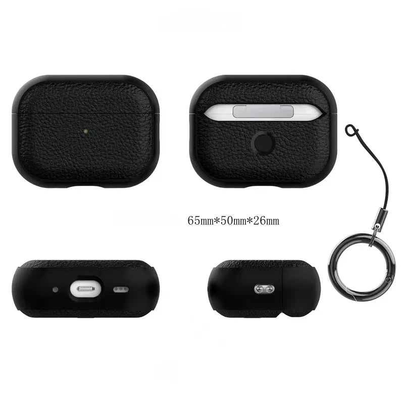 Case for Air Pods 4 3 2 1 Shell PU Leather Grain Case with Keyring Hook Wireless Earphone Accessoris For AirPods Pro 1 2 Cover