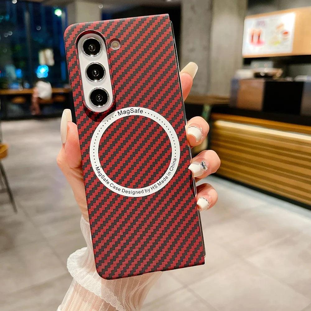 Carbon Fiber Pattern Magsafe Phone Case For Samsung Galaxy Z Fold 5 4 3 Slim Hard PC Cover - IDefend
