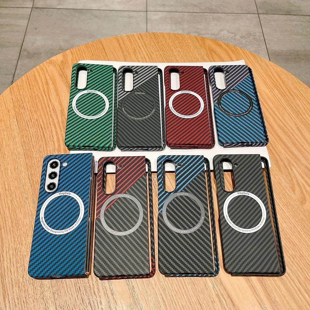 Carbon Fiber Pattern Magsafe Phone Case For Samsung Galaxy Z Fold 5 4 3 Slim Hard PC Cover - IDefend