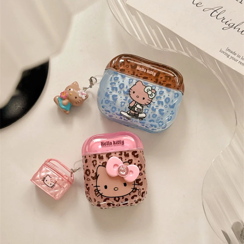 Earphone Case For Airpods 4 2 3 1 Pro 2 Cute Sanrio Hello Kitty Leopard Print Wireless Bluetooth Headset Protective Soft Cover