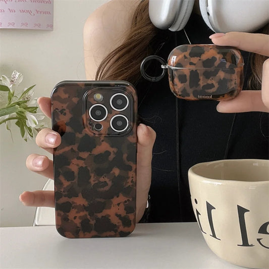 Tortoiseshell Case for AirPods 1/2/3/4/Pro/Pro 2, Shockproof Glossy Cover, Wireless Charging Compatible, Stylish Amber Design