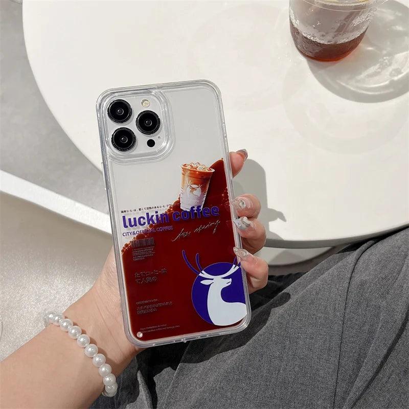 ins coffee label liquid quicksand case for iphone - IDefend