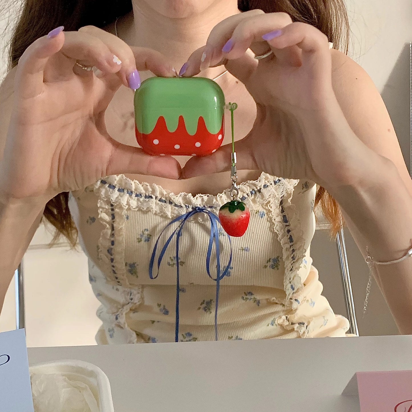 Cute Lovely White Polka Point Red Strawberry Glossy Shockproof Protective Cover Case For AirPods 4 3 Pro 2 1 with Charm Pendant
