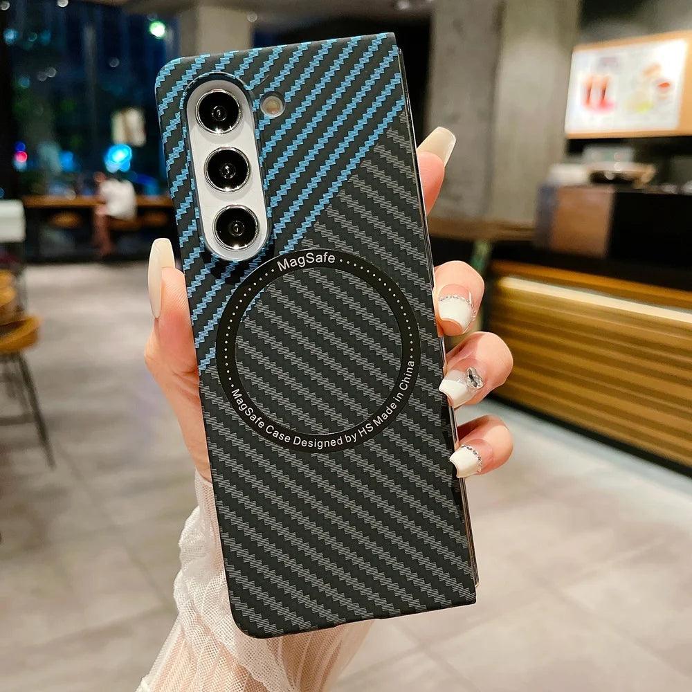 Carbon Fiber Pattern Magsafe Phone Case For Samsung Galaxy Z Fold 5 4 3 Slim Hard PC Cover - IDefend