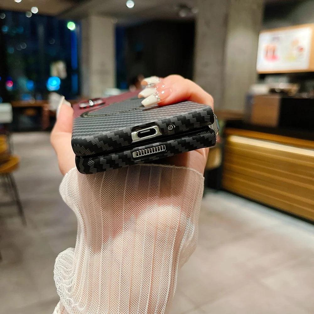 Carbon Fiber Pattern Magsafe Phone Case For Samsung Galaxy Z Fold 5 4 3 Slim Hard PC Cover - IDefend
