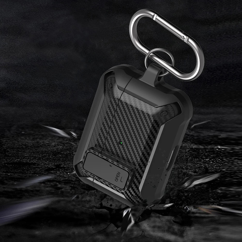 Security Lock Cover For Airpods Pro 2 Case Luxury Carbon Fibre Switch Earphone Case With Keychain For Airpods 4 3 Shockproof Box