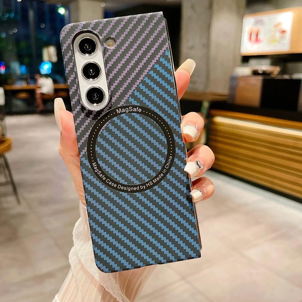 Carbon Fiber Pattern Magsafe Phone Case For Samsung Galaxy Z Fold 5 4 3 Slim Hard PC Cover - IDefend