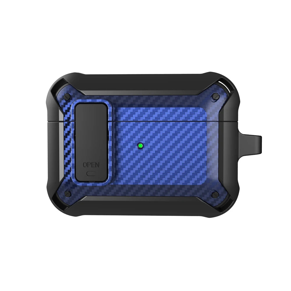 Security Lock Cover For Airpods Pro 2 Case Luxury Carbon Fibre Switch Earphone Case With Keychain For Airpods 4 3 Shockproof Box
