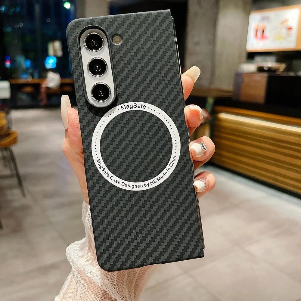 Carbon Fiber Pattern Magsafe Phone Case For Samsung Galaxy Z Fold 5 4 3 Slim Hard PC Cover - IDefend