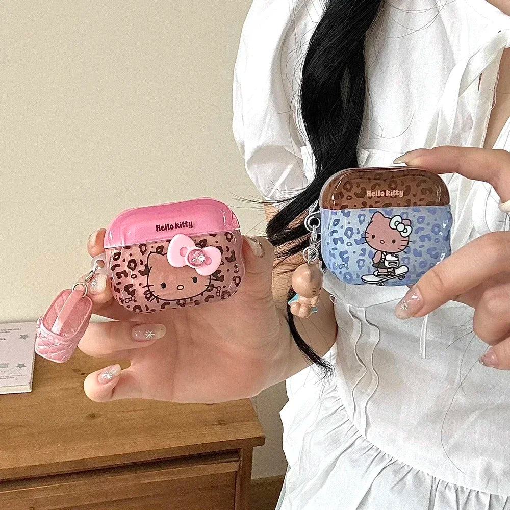 Earphone Case For Airpods 4 2 3 1 Pro 2 Cute Sanrio Hello Kitty Leopard Print Wireless Bluetooth Headset Protective Soft Cover