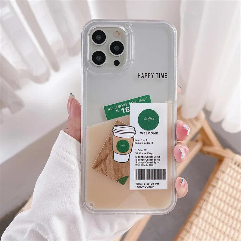 ins coffee label liquid quicksand case for iphone - IDefend