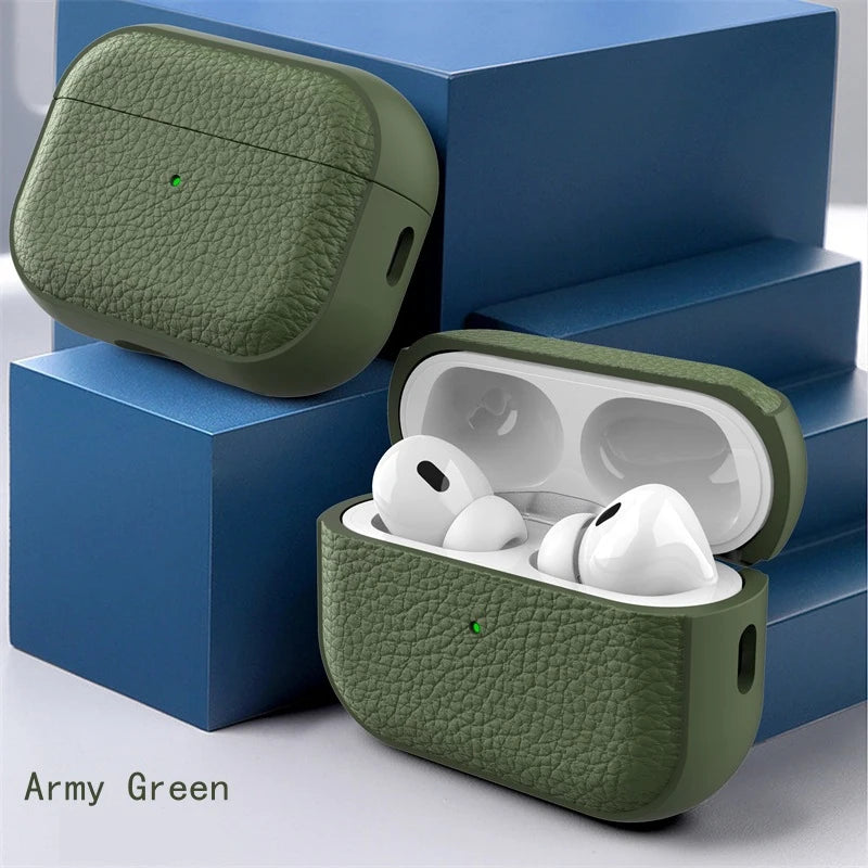 Case for Air Pods 4 3 2 1 Shell PU Leather Grain Case with Keyring Hook Wireless Earphone Accessoris For AirPods Pro 1 2 Cover