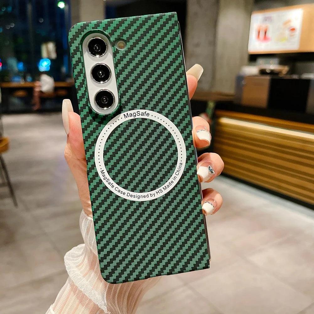 Carbon Fiber Pattern Magsafe Phone Case For Samsung Galaxy Z Fold 5 4 3 Slim Hard PC Cover - IDefend