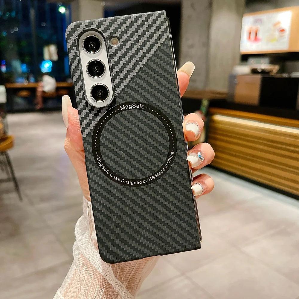 Carbon Fiber Pattern Magsafe Phone Case For Samsung Galaxy Z Fold 5 4 3 Slim Hard PC Cover - IDefend