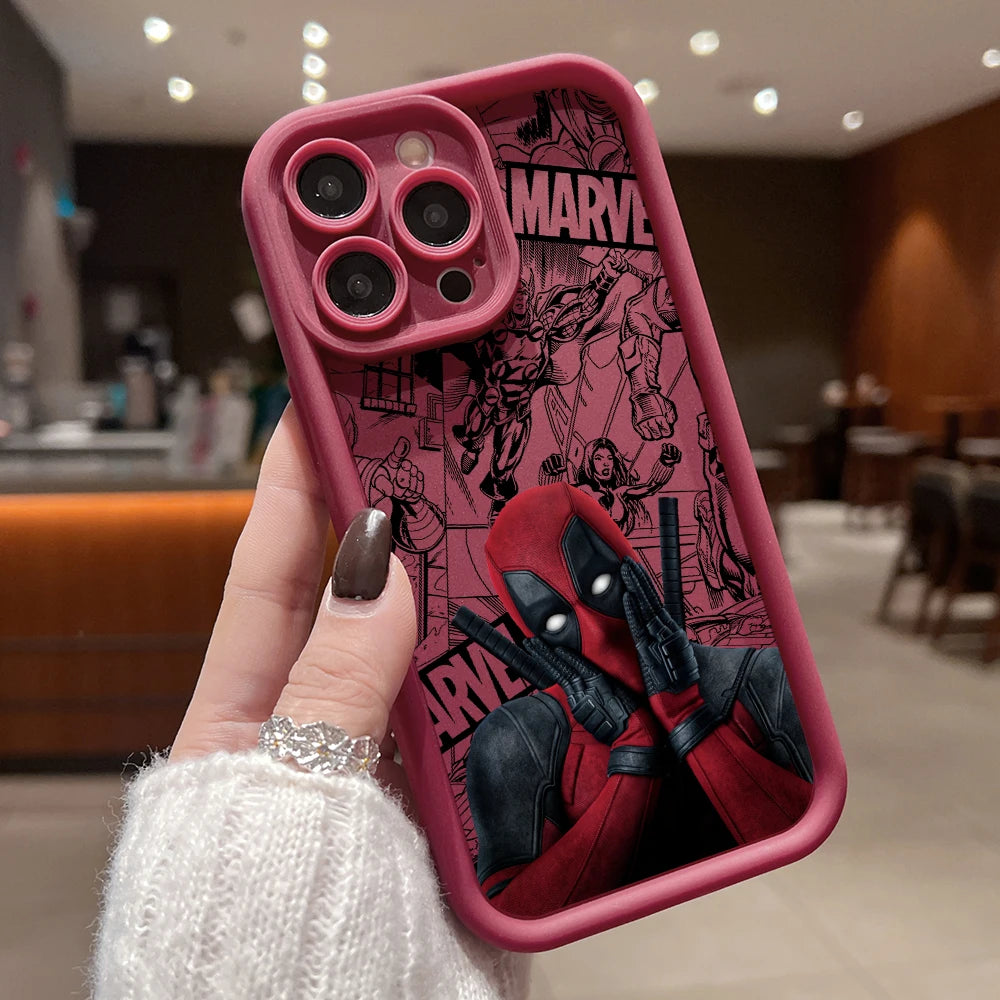 Marvels Funny Deadpool Phone Case for iPhone 16 15 14 Plus 13 12 Mini 11 iPhone16 Pro Max X Xs XR 8 7 Soft Shockproof Capa Cover