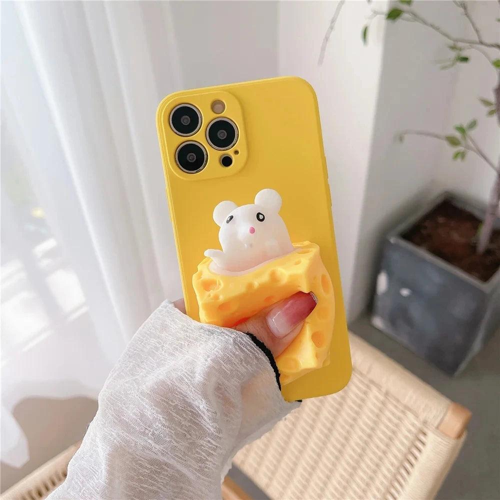 Cute Mouse Cheese Pinch Relieve Stress Soft Silicone Phone Case For iPhone - IDefend