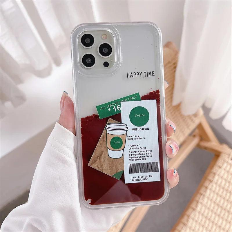 ins coffee label liquid quicksand case for iphone - IDefend