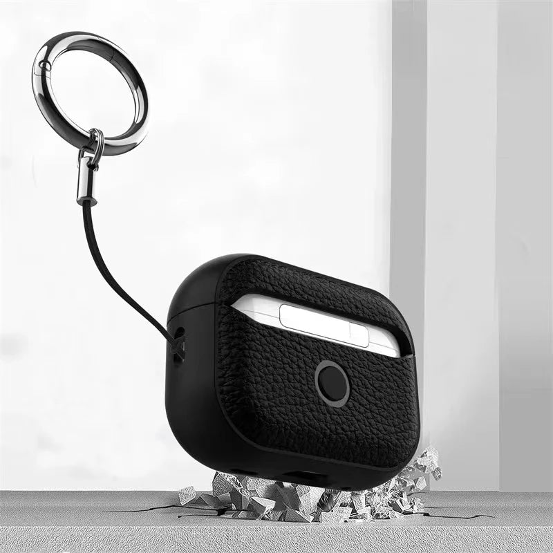 Case for Air Pods 4 3 2 1 Shell PU Leather Grain Case with Keyring Hook Wireless Earphone Accessoris For AirPods Pro 1 2 Cover