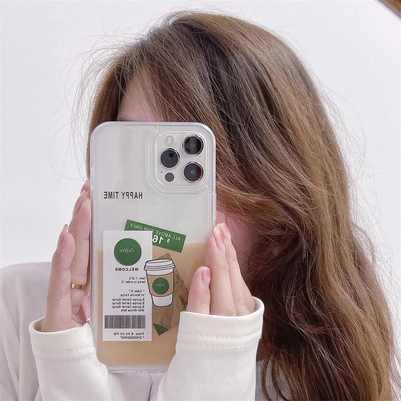 ins coffee label liquid quicksand case for iphone - IDefend