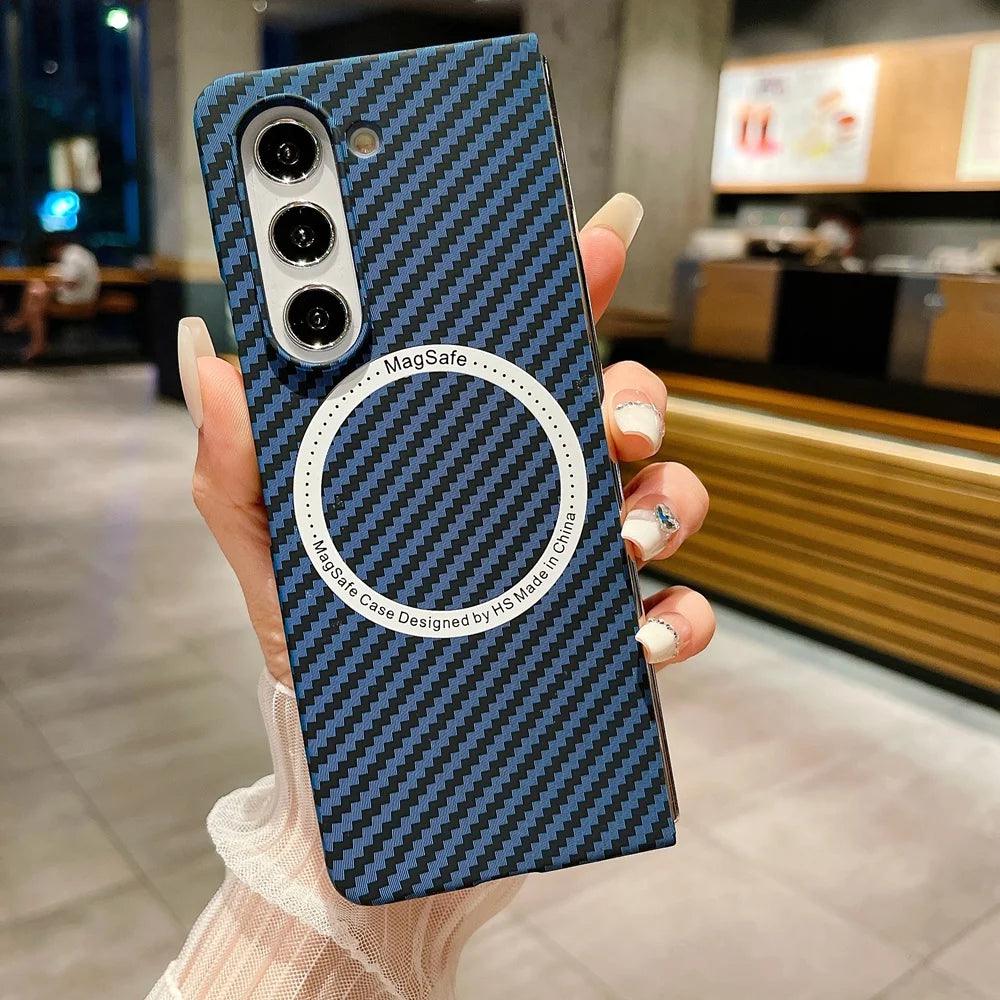 Carbon Fiber Pattern Magsafe Phone Case For Samsung Galaxy Z Fold 5 4 3 Slim Hard PC Cover - IDefend