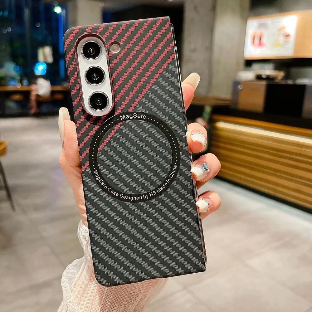 Carbon Fiber Pattern Magsafe Phone Case For Samsung Galaxy Z Fold 5 4 3 Slim Hard PC Cover - IDefend