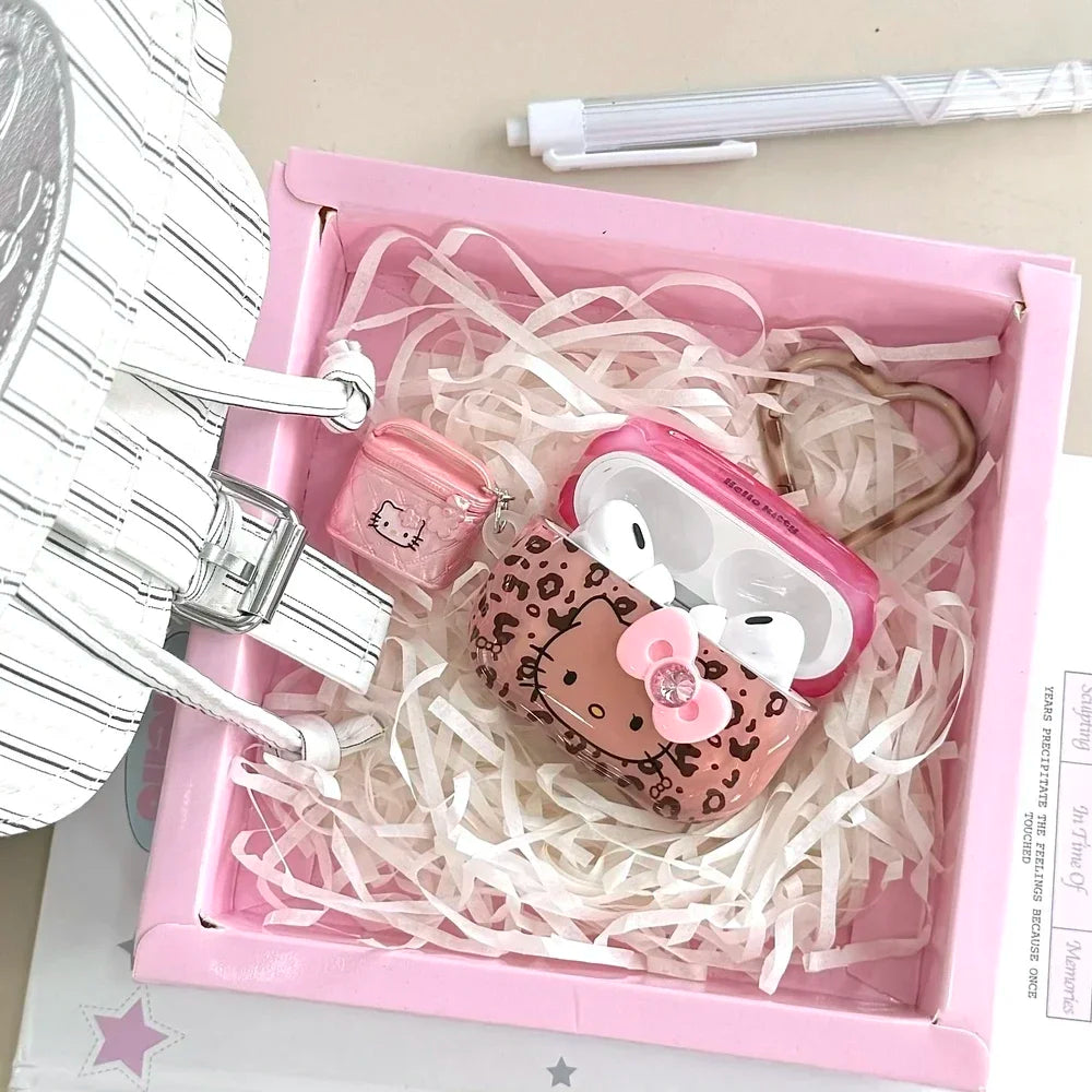 Earphone Case For Airpods 4 2 3 1 Pro 2 Cute Sanrio Hello Kitty Leopard Print Wireless Bluetooth Headset Protective Soft Cover