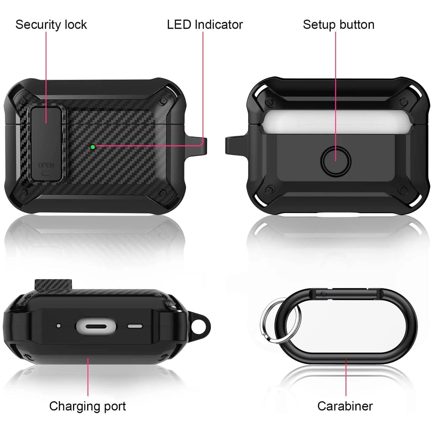 for Airpods Pro 2 Generation 2nd 1st Case Secure Lock Clip Carbon Fiber Hard Shell Case Cover with Keychain for AirPods 3 2 Case