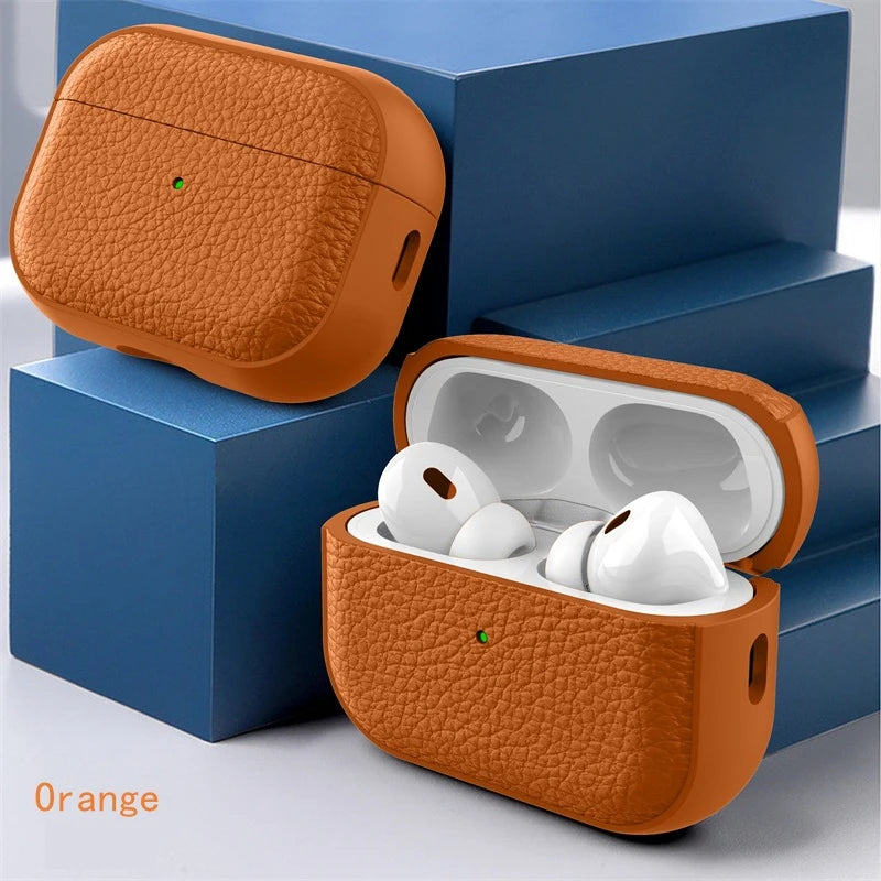 Case for Air Pods 4 3 2 1 Shell PU Leather Grain Case with Keyring Hook Wireless Earphone Accessoris For AirPods Pro 1 2 Cover