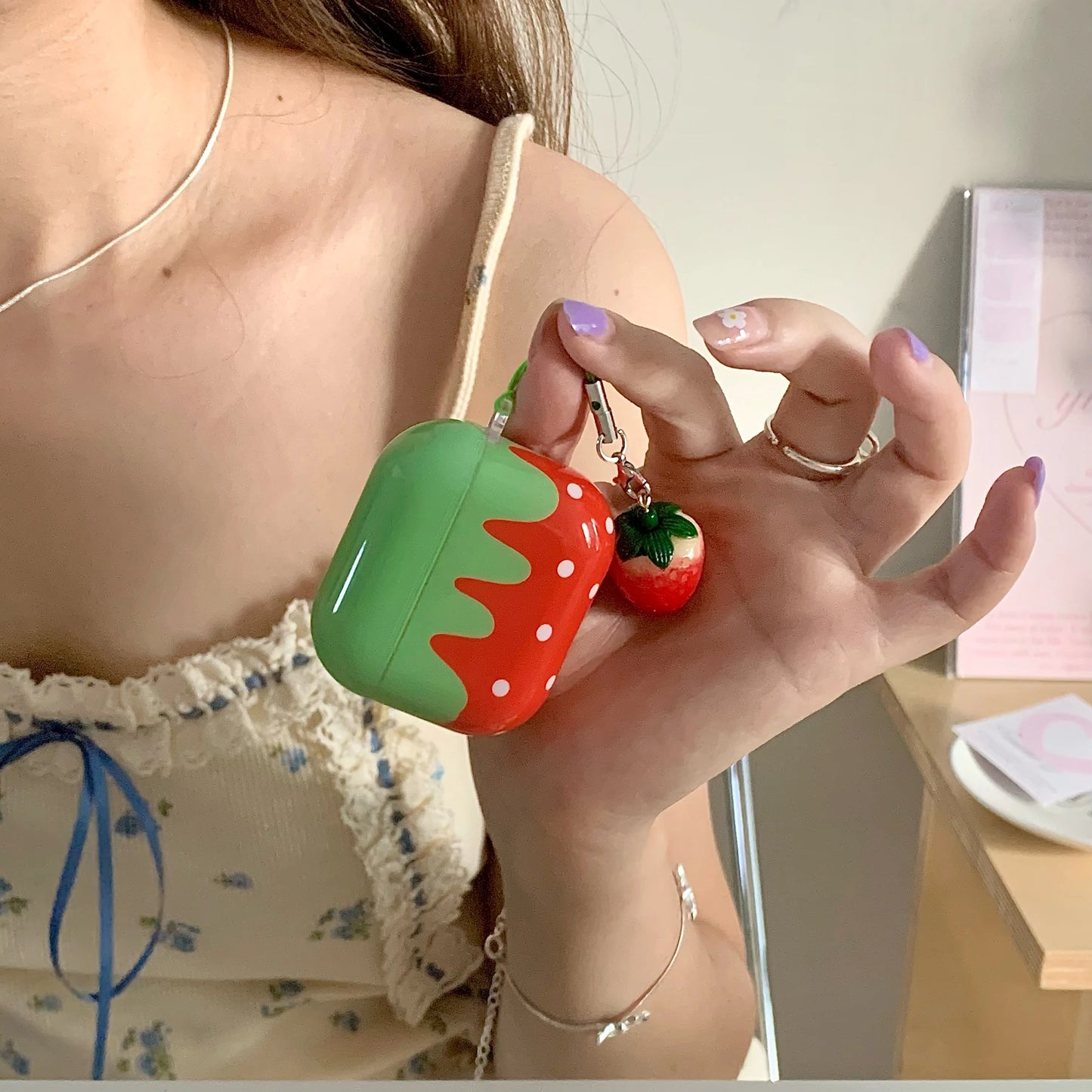 Cute Lovely White Polka Point Red Strawberry Glossy Shockproof Protective Cover Case For AirPods 4 3 Pro 2 1 with Charm Pendant