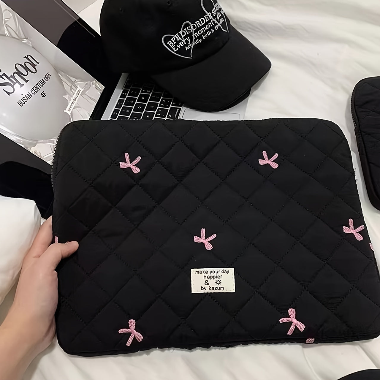 1pc Laptop bag ballet style bow embroidered tablet bag suitable for 10/11 inch iPad 13/14 inch MacBook 15/15.6 inch laptop sleeve bag