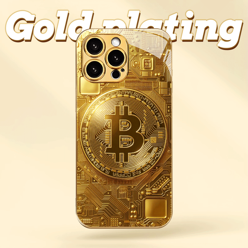 Creative Circuit Gold Bitcoin New Electroplated Gold Tempered Glass Phone Case for iPhone 16,15,14,13,12/iPhone 16,15,14,13,12 Plus/iPhone 16,15,14,13,12 Pro/iPhone 16,15,14,13,12 Pro Max/iPhone 11/11 Pro/11 Pro Max Full Cove