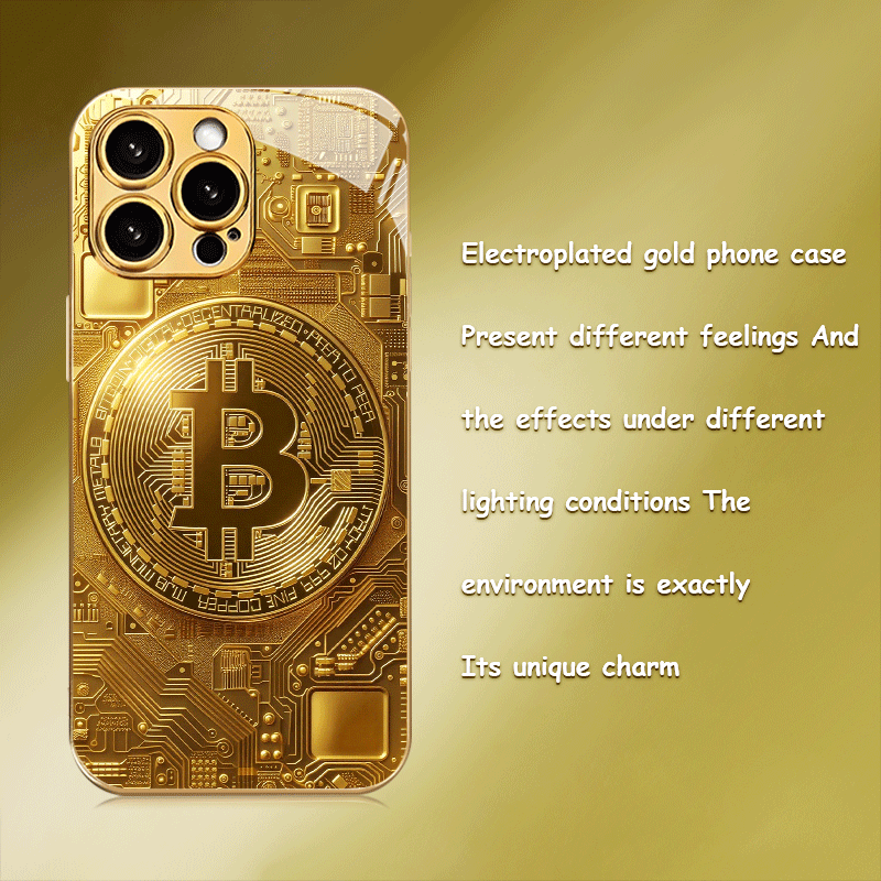 Creative Circuit Gold Bitcoin New Electroplated Gold Tempered Glass Phone Case for iPhone 16,15,14,13,12/iPhone 16,15,14,13,12 Plus/iPhone 16,15,14,13,12 Pro/iPhone 16,15,14,13,12 Pro Max/iPhone 11/11 Pro/11 Pro Max Full Cove