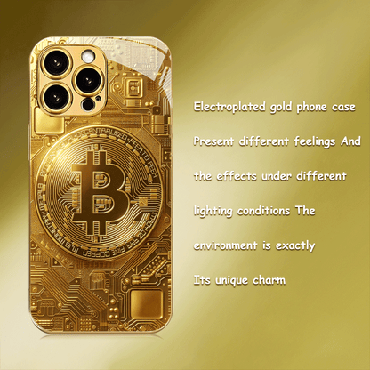 Creative Circuit Gold Bitcoin New Electroplated Gold Tempered Glass Phone Case for iPhone 16,15,14,13,12/iPhone 16,15,14,13,12 Plus/iPhone 16,15,14,13,12 Pro/iPhone 16,15,14,13,12 Pro Max/iPhone 11/11 Pro/11 Pro Max Full Cove