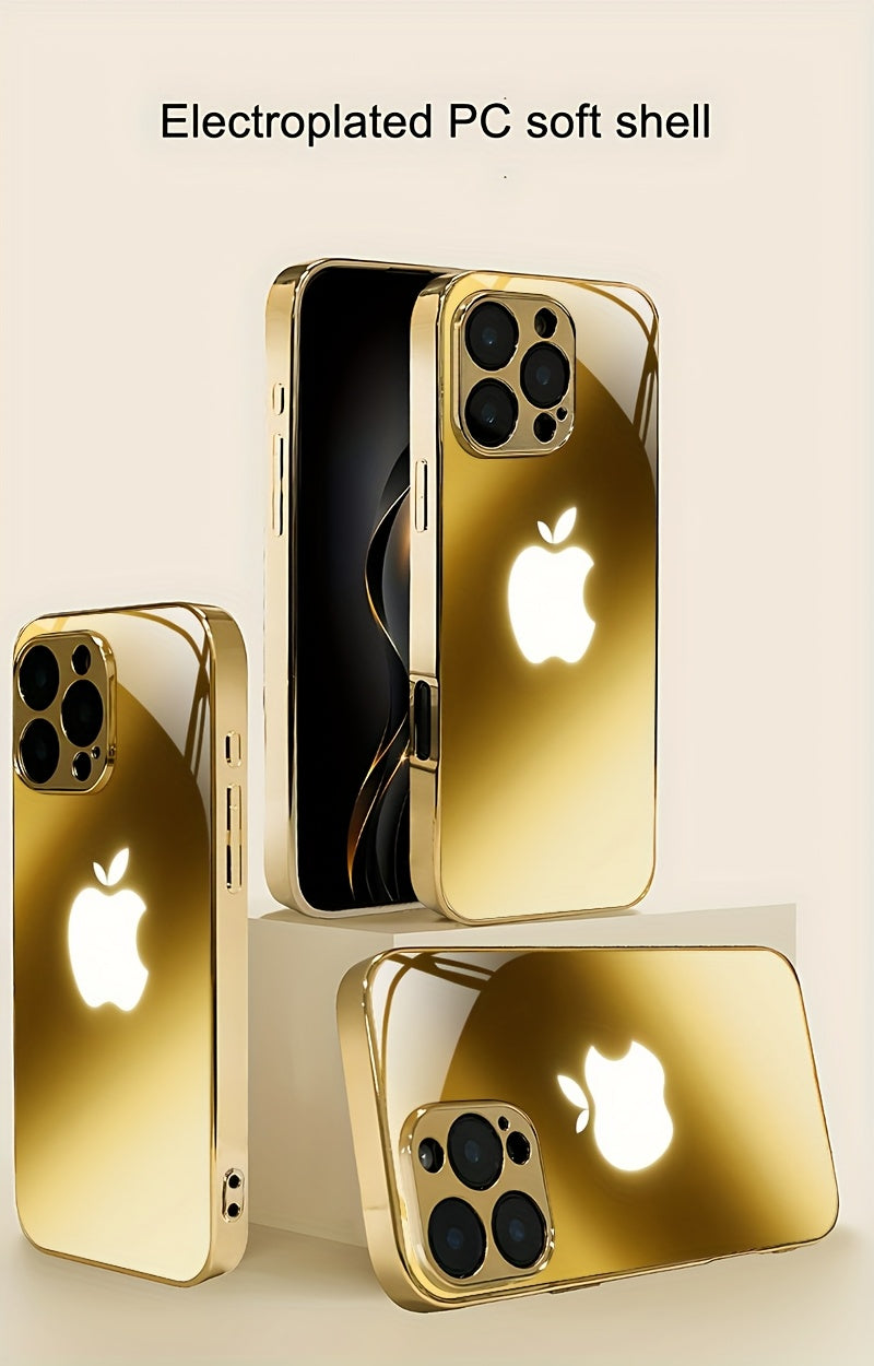 Premium Metal Texture Golden-Plated Apple Design Phone Case for iPhone 16/16 Pro/16 Plus/16 Pro Max/15/15 Pro/15 Pro Max/14/14 Pro/14 Plus/14 Pro Max/13/13 Pro/13 Pro Max/13 Mini/12/11, Full Coverage Tempered Glass Protection