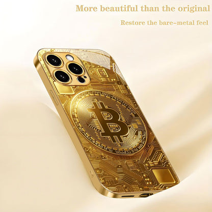 Creative Circuit Gold Bitcoin New Electroplated Gold Tempered Glass Phone Case for iPhone 16,15,14,13,12/iPhone 16,15,14,13,12 Plus/iPhone 16,15,14,13,12 Pro/iPhone 16,15,14,13,12 Pro Max/iPhone 11/11 Pro/11 Pro Max Full Cove