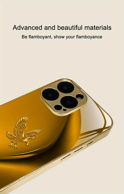 Simple Lines Eagle Pattern Golden Electroplated Mobile Phone Case, Suitable for Iphone 16/16 Pro/16 Plus/16 Pro Max/15/15 Pro/15 Pro Max/14/14 Pro/14 PLUS/14 Pro Max/13/13 Pro/13 Pro Max/13 Mini/12/11, Full Coverage Tempered