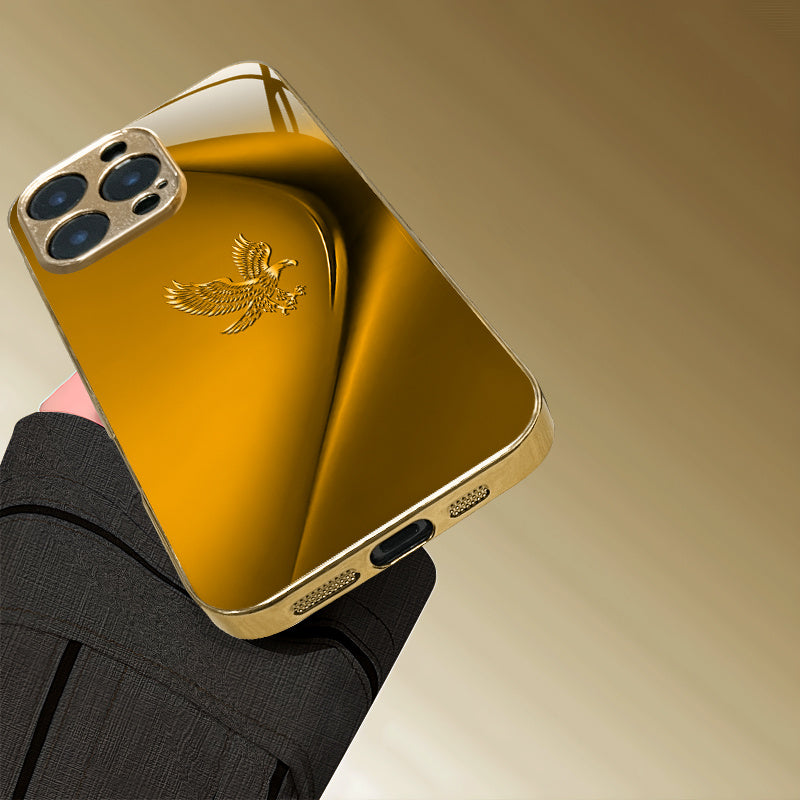 Simple Lines Eagle Pattern Golden Electroplated Mobile Phone Case, Suitable for Iphone 16/16 Pro/16 Plus/16 Pro Max/15/15 Pro/15 Pro Max/14/14 Pro/14 PLUS/14 Pro Max/13/13 Pro/13 Pro Max/13 Mini/12/11, Full Coverage Tempered