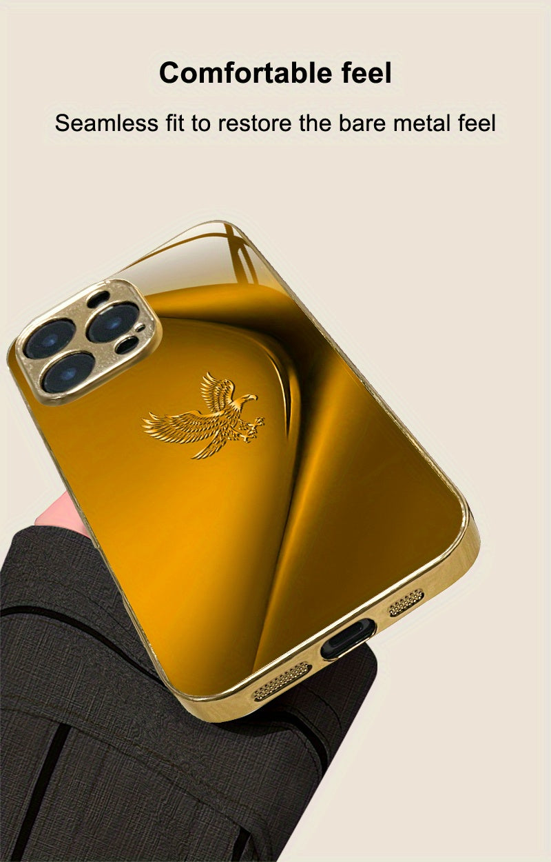 Simple Lines Eagle Pattern Golden Electroplated Mobile Phone Case, Suitable for Iphone 16/16 Pro/16 Plus/16 Pro Max/15/15 Pro/15 Pro Max/14/14 Pro/14 PLUS/14 Pro Max/13/13 Pro/13 Pro Max/13 Mini/12/11, Full Coverage Tempered