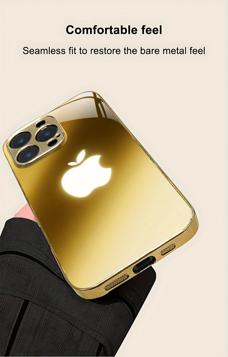Premium Metal Texture Golden-Plated Apple Design Phone Case for iPhone 16/16 Pro/16 Plus/16 Pro Max/15/15 Pro/15 Pro Max/14/14 Pro/14 Plus/14 Pro Max/13/13 Pro/13 Pro Max/13 Mini/12/11, Full Coverage Tempered Glass Protection