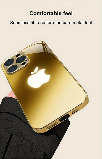 Premium Metal Texture Golden-Plated Apple Design Phone Case for iPhone 16/16 Pro/16 Plus/16 Pro Max/15/15 Pro/15 Pro Max/14/14 Pro/14 Plus/14 Pro Max/13/13 Pro/13 Pro Max/13 Mini/12/11, Full Coverage Tempered Glass Protection