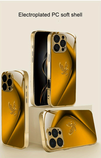 Simple Lines Eagle Pattern Golden Electroplated Mobile Phone Case, Suitable for Iphone 16/16 Pro/16 Plus/16 Pro Max/15/15 Pro/15 Pro Max/14/14 Pro/14 PLUS/14 Pro Max/13/13 Pro/13 Pro Max/13 Mini/12/11, Full Coverage Tempered