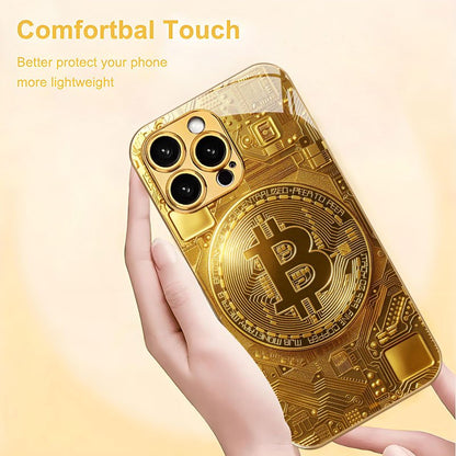 Creative Circuit Gold Bitcoin New Electroplated Gold Tempered Glass Phone Case for iPhone 16,15,14,13,12/iPhone 16,15,14,13,12 Plus/iPhone 16,15,14,13,12 Pro/iPhone 16,15,14,13,12 Pro Max/iPhone 11/11 Pro/11 Pro Max Full Cove