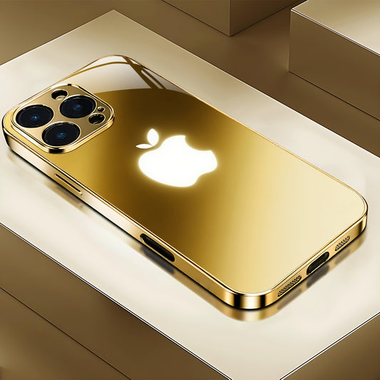Premium Metal Texture Golden-Plated Apple Design Phone Case for iPhone 16/16 Pro/16 Plus/16 Pro Max/15/15 Pro/15 Pro Max/14/14 Pro/14 Plus/14 Pro Max/13/13 Pro/13 Pro Max/13 Mini/12/11, Full Coverage Tempered Glass Protection