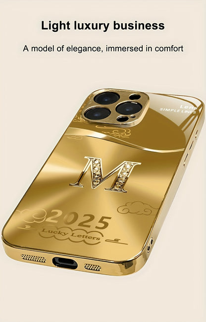 Light Luxury Fashion Auspicious Cloud Letter M Pattern Golden Plated Phone Case, Suitable for iPhone 16/16 Pro/16 Plus/16 Pro Max/15/15 Pro/15 Pro Max/14/14 Pro/14 Plus/14 Pro Max/13/13 Pro/13 Pro Max/13 Mini/12/11, Full Cove