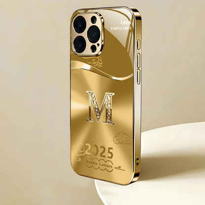 Light Luxury Fashion Auspicious Cloud Letter M Pattern Golden Plated Phone Case, Suitable for iPhone 16/16 Pro/16 Plus/16 Pro Max/15/15 Pro/15 Pro Max/14/14 Pro/14 Plus/14 Pro Max/13/13 Pro/13 Pro Max/13 Mini/12/11, Full Cove