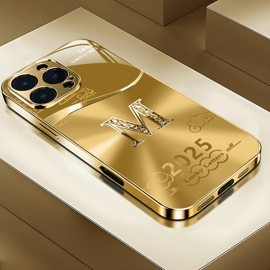 Light Luxury Fashion Auspicious Cloud Letter M Pattern Golden Plated Phone Case, Suitable for iPhone 16/16 Pro/16 Plus/16 Pro Max/15/15 Pro/15 Pro Max/14/14 Pro/14 Plus/14 Pro Max/13/13 Pro/13 Pro Max/13 Mini/12/11, Full Cove
